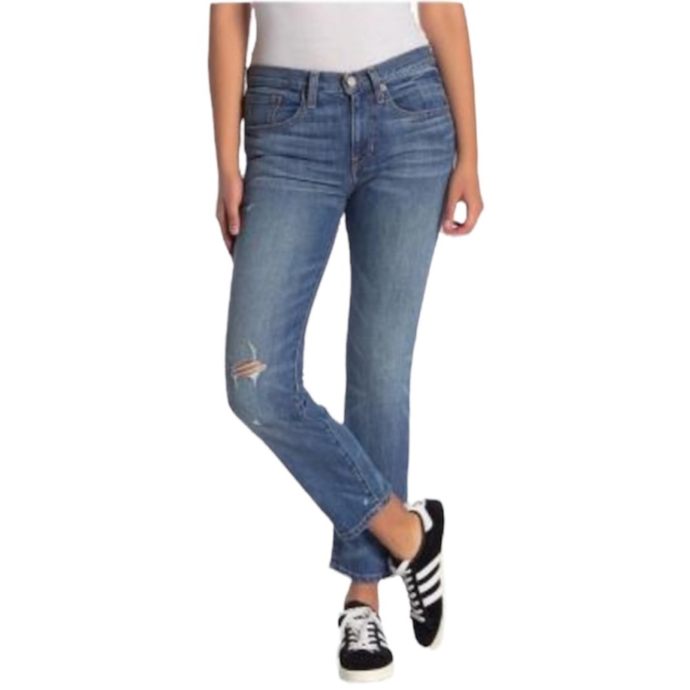 Frye Womens Medium Wash Distressed Cropped Kick Baby Bootcut Jeans Sz 28 NWT